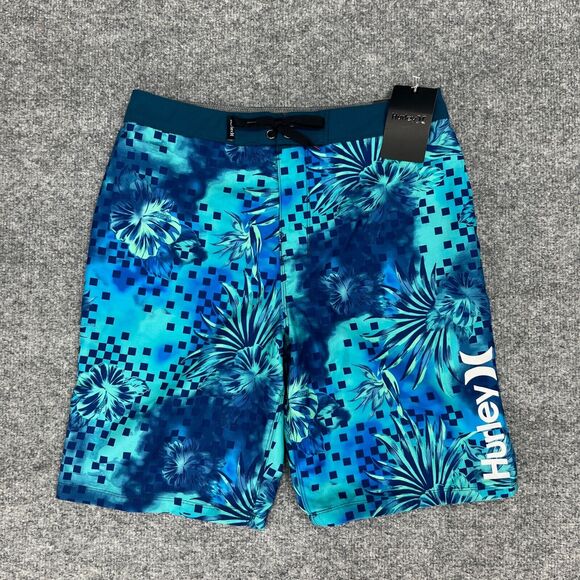 Hurley Board Shorts Boys 16 Blue Gaze Floral Print 9 Inch Inseam Swim Trunks - Picture 2 of 12